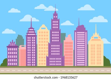 Skyscrapers, high and middle buildings with windows, road, clouds and blue sky. Flat architecture illustration.