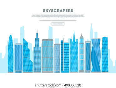 Skyscrapers and high rise buildings in city downtown landscape. Flat style vector illustration. 