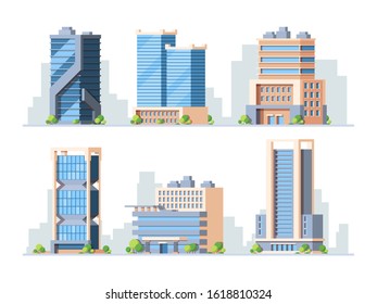 Skyscrapers, high-rise buildings colorful vector illustrations set
