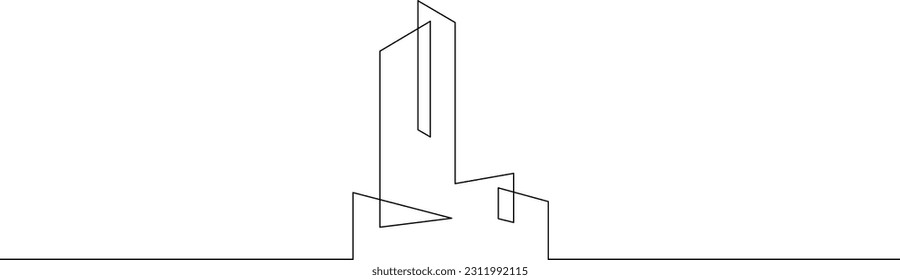 Rascacielos en casa. Edificios urbanos residenciales de altura. Logo de los rascacielos. Una línea continua. Lineal.Una línea continua dibujada aislada, fondo blanco.