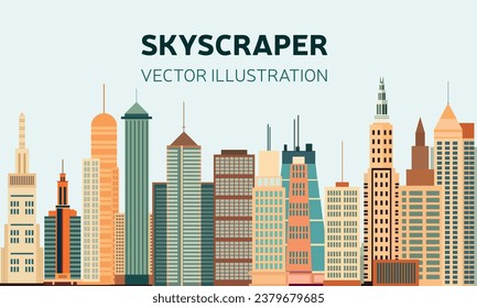 Skyscrapers horizontal banner with copyspace. Office buildings in flat style. Vector illustration. Hand drawn illustration