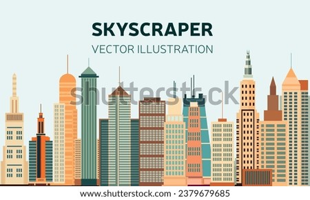 Skyscrapers horizontal banner with copyspace. Office buildings in flat style. Vector illustration. Hand drawn illustration