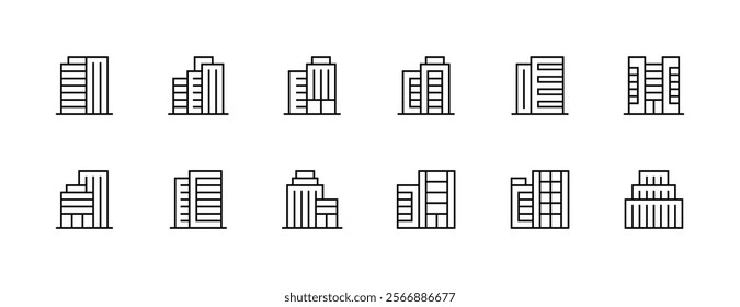 Skyscrapers icon collection. Urban city, downtown, apartment building, residence, cityscape, skyline and more. Editable stroke. Pixel Perfect. Grid base 32px.