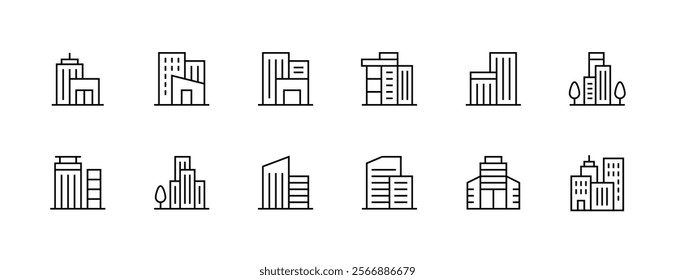 Skyscrapers icon collection. Urban city, downtown, apartment building, residence, cityscape, skyline and more. Editable stroke. Pixel Perfect. Grid base 32px.