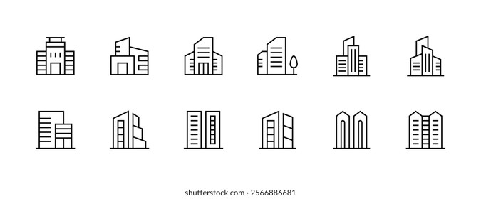 Skyscrapers icon collection. Urban city, downtown, apartment building, residence, cityscape, skyline and more. Editable stroke. Pixel Perfect. Grid base 32px.