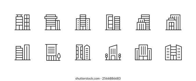 Skyscrapers icon collection. Urban city, downtown, apartment building, residence, cityscape, skyline and more. Editable stroke. Pixel Perfect. Grid base 32px.