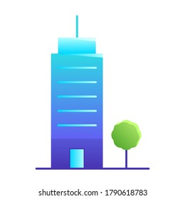 Skyscrapers icon. Tall building vector in flat style. Architecture with small tree