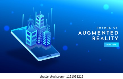 Skyscrapers illustration on smartphone screen with abstract elements on shiny blue background for Augmented Reality (AR) concept based responsive web template.