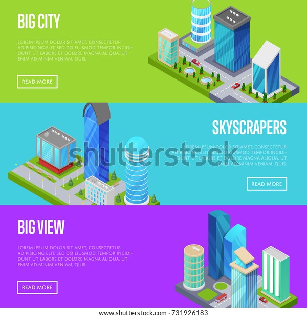 Skyscrapers in major city banners set.\
Apartment, office, houses and streets with urban traffic movement\
of car with trees and nature isometric objects. Downtown business\
district vector\
illustration.