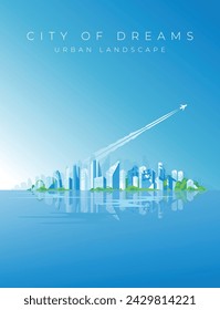 Skyscrapers of the metropolis panorama on the background of the endless blue sky without clouds. Water reflection. Airplane trail in the sky. Banner, wallpaper. Vector illustration