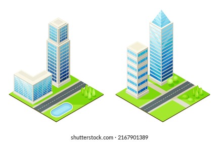Skyscrapers modern city houses. Exterior of city buildings isometric vector illustration