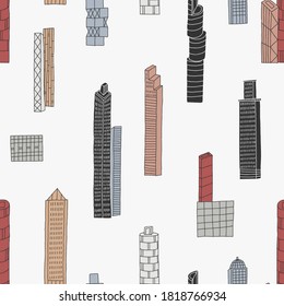 Skyscrapers in a modern city. Seamless pattern. Creative vector background for fabric, textile, nursery wallpaper. Hand drawn vector.