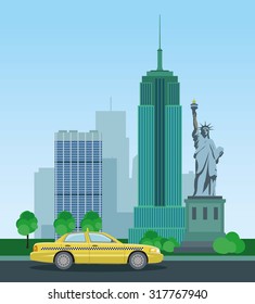 Skyscrapers of New York and the Statue of Liberty. Taxis in New York. Vector illustration.