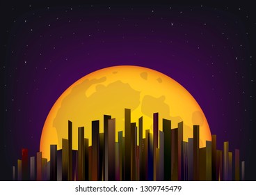 skyscrapers on the background of the full moon and night sky, horizontal vector illustration