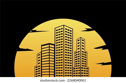Rascacielos sobre el fondo del sol. Ilustración del vector