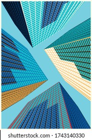 Skyscrapers Perspective View Minimal Illustration, Urban Modern Architecture Background 