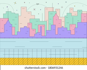 Skyscrapers and river view. Cityscape view. Flat vector illustration.