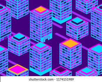 Skyscrapers seamless pattern. Isometric city buildings, metropolis. Neon color in the style of the 80s. Vector illustration