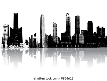 Skyscrapers silhouette with reflection against white (vector, illustration)