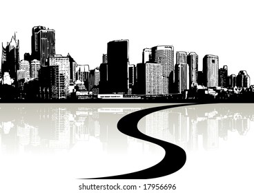 Skyscrapers silhouette and reflection in the water (background ,vector, illustration)