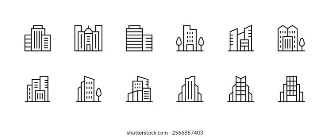 Skyscrapers and skyline icon collection. Modern building, residence, city building, exterior, cityscape, metropolis, real estate and more. Editable stroke. Pixel Perfect. Grid base 32px.