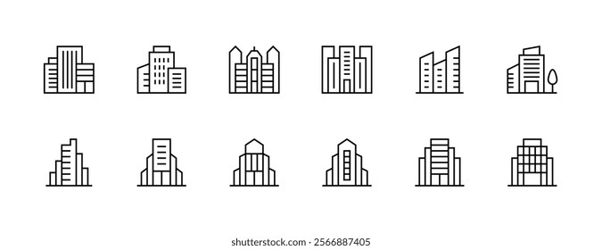 Skyscrapers and skyline icon collection. Modern building, residence, city building, exterior, cityscape, metropolis, real estate and more. Editable stroke. Pixel Perfect. Grid base 32px.