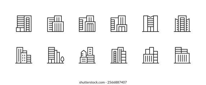 Skyscrapers and skyline icon collection. Modern building, residence, city building, exterior, cityscape, metropolis, real estate and more. Editable stroke. Pixel Perfect. Grid base 32px.