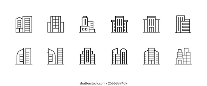 Skyscrapers and skyline icon collection. Modern building, residence, city building, exterior, cityscape, metropolis, real estate and more. Editable stroke. Pixel Perfect. Grid base 32px.