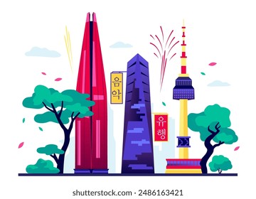 Rascacielos de Corea del Sur - moderna Ilustración vectorial de colores con Lotte World, el comercio del noreste de Asia y la torre de televisión en Seúl. Fuegos artificiales y vacaciones, letreros con jeroglíficos. Ambiente de celebración