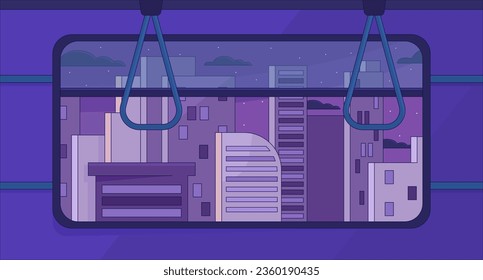 Skyscrapers from subway window chill lo fi background. Night in city 2D vector cartoon cityscape illustration, purple lofi wallpaper desktop. Sunset aesthetic 90s retro art, dreamy vibes