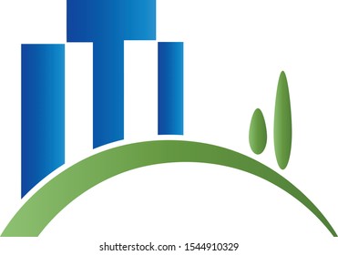 Skyscrapers and trees, meadow logo