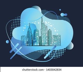 Skyscrapers vector, big city with high tall buildings and developed infrastructure, metropolitan megapolis for tourists. Abstract design with shapes. Modern futuristic neon sketch town