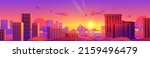 Skyscrapers view above clouds at sunset. Top of high city buildings, downtown towers on background of evening red and purple sky and sun. Vector cartoon illustration of cityscape over clouds