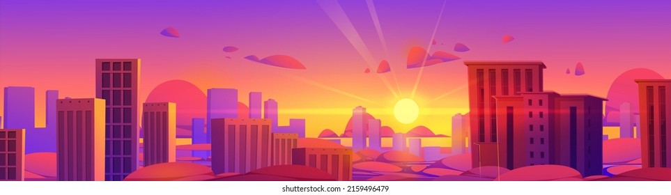 Skyscrapers View Above Clouds At Sunset. Top Of High City Buildings, Downtown Towers On Background Of Evening Red And Purple Sky And Sun. Vector Cartoon Illustration Of Cityscape Over Clouds