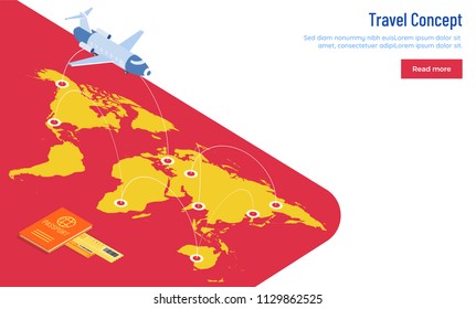 Skyscraper's view of an aeroplane flying over different destination points landing page for Travel concept.