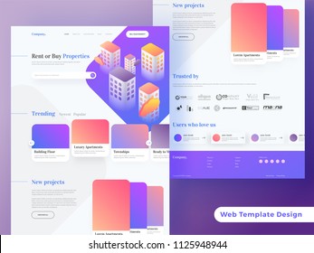 Skyscraper's view of building on shiny blue background. Responsive landing page or hero banner for rent or buy properties.