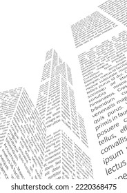 Skyscrapers wall with text. Vector illustration of an urban landscape of skyscrapers with facades made of newspaper pages. Sketch for creativity.