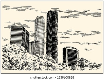 Skyscrappers view. Summer day black and white hand drawing with pen and ink. Sketch style.
