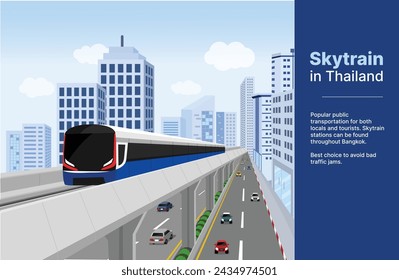 Skytrain in Bangkok, Thailand under cloudy sky surrounded by buildings vector