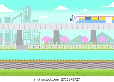 SkyTrain en la ciudad con el parque debajo y el fondo del edificio en la escena del juego del pixel.