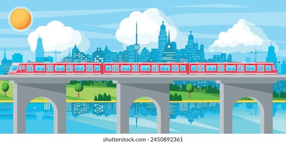 Skytrain y Paisaje con Paisaje urbano. Tren Súper Agilizado. Locomotora de tren Passenger Express. Transporte público del ferrocarril monorraíl. Metro de Transporte Rápido. Ilustración vectorial plana