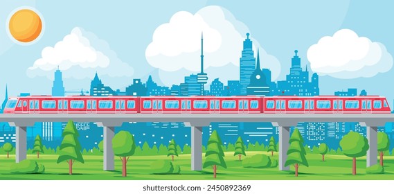 Skytrain and Landscape with Cityscape. Super Streamlined Train. Passenger Express Railway Locomotive. Monorail Railroad Public Transportation. Rapid Transport Subway. Flat Vector Illustration