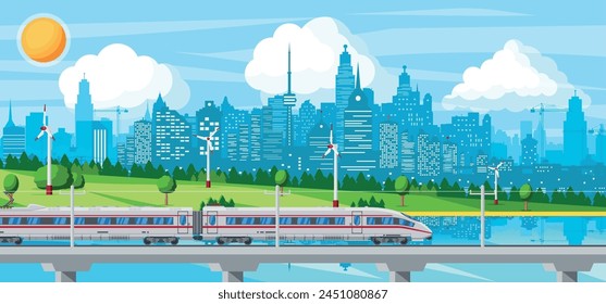 Skytrain und Landschaft mit Stadtbild. Super optimierter Zug. In: Passenger Express Railway Locomotive. In: Monorail Railroad Public Transport und Verkehr. U-Bahn für den Schnellverkehr. flache Vektorillustration