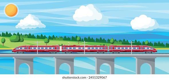 Skytrain y Paisaje con Paisaje urbano. Tren Súper Agilizado. Locomotora de tren Passenger Express. Transporte público del ferrocarril monorraíl. Metro de Transporte Rápido. Ilustración vectorial plana