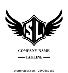 SL bold shield logo with wings, customizable with letters A to Z. Perfect for brands seeking a powerful symbol of strength, freedom, and ambition