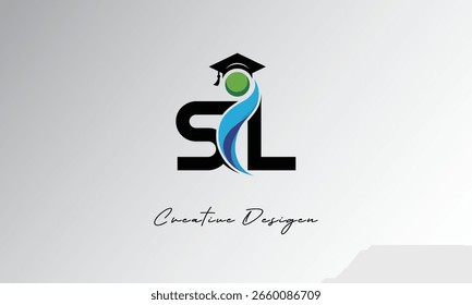 SL Creative Letter Logo com Boné de Graduação e Humano Abstrato - Educação Moderna e Design de Símbolo de Aprendizagem