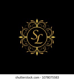 SL Initial logo. Ornament ampersand monogram golden logo black background