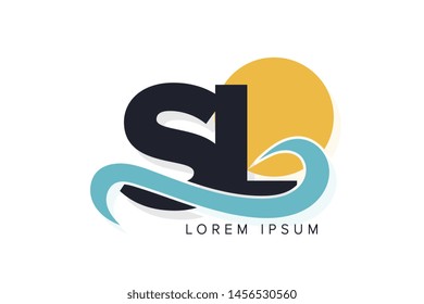 SL letter logo with ocean waves and sunset. Beach concept design