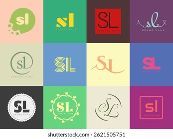 SL logo company template. Letter s and l logotype. Set different classic serif lettering and modern bold text with design elements. Initial font typography. Collection trendy business identity.