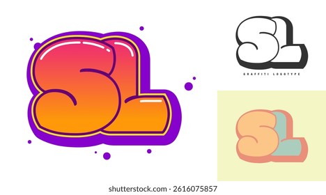 SL logo design for festival or party. Initial letter s and l in graffiti style. Creative modern lettering company name of font typography. Kids trendy logotype or identity. Vector illustration.